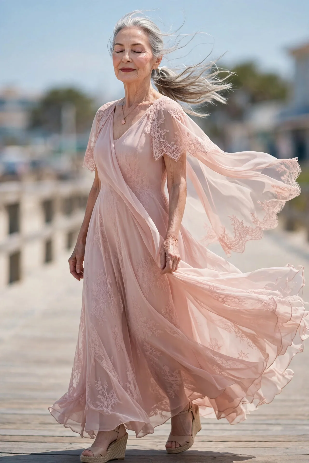 Radiant mature woman in blush chiffon maxi dress with capelet at beach wedding