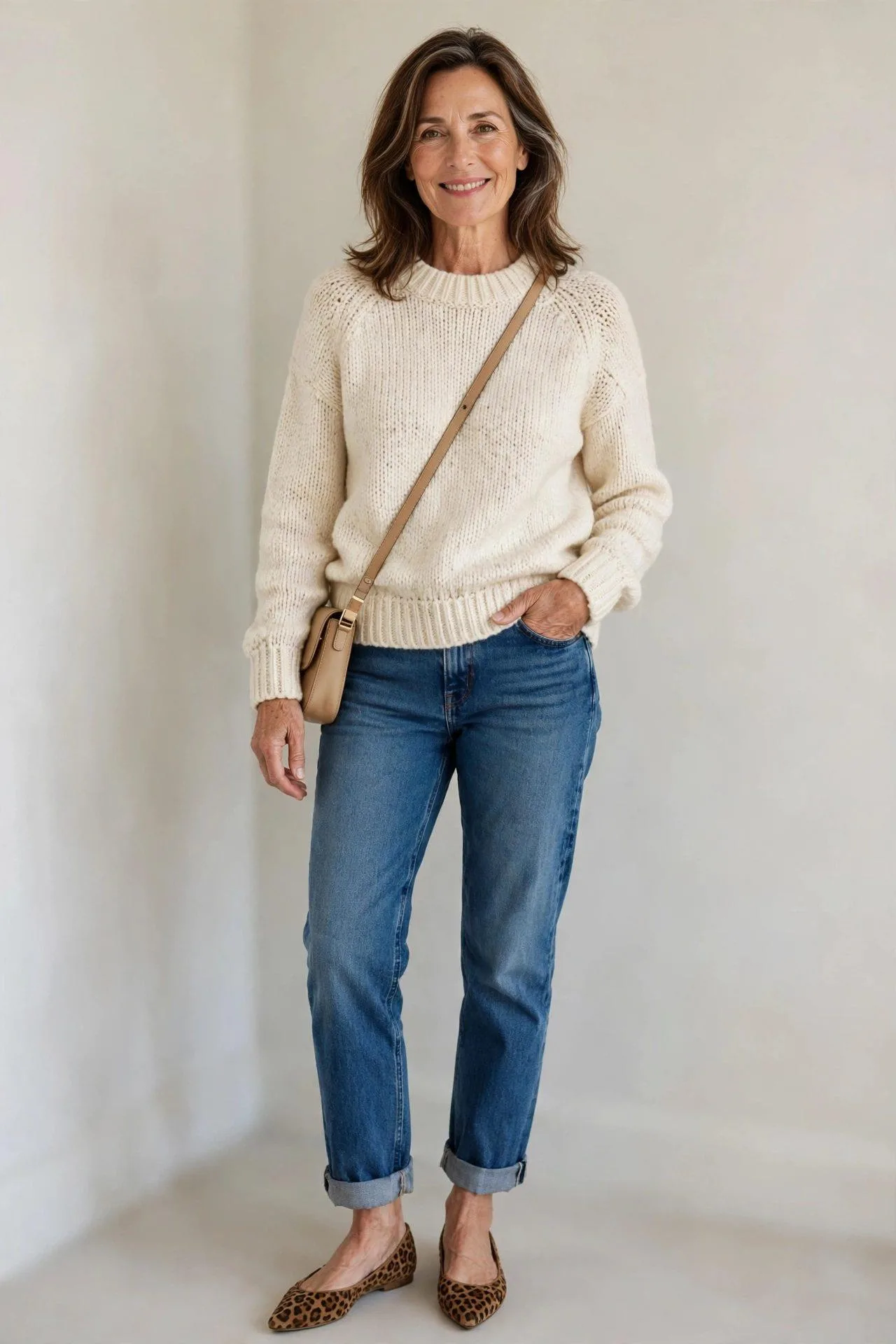 Mature woman in leopard flats paired with relaxed denim and cozy cream knit
