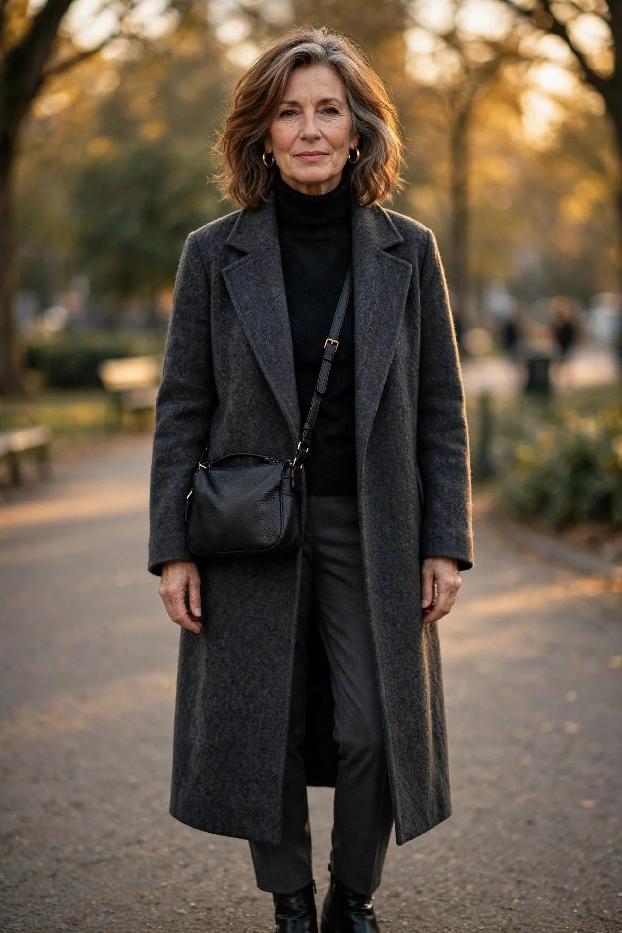 At-ease woman past fifty with a compact black textured-leather shoulder bag worn crossbody over a grey wool coat, effortless hands-free style.
