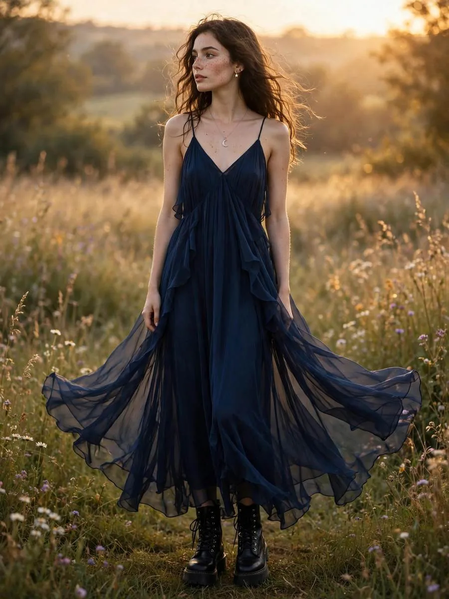 Flowing midnight blue chiffon maxi dress with crescent moon pendant necklace.