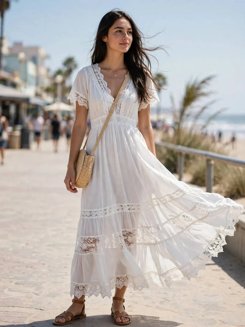 Woman in a white lace-trim maxi dress with flat sandals and straw bag.