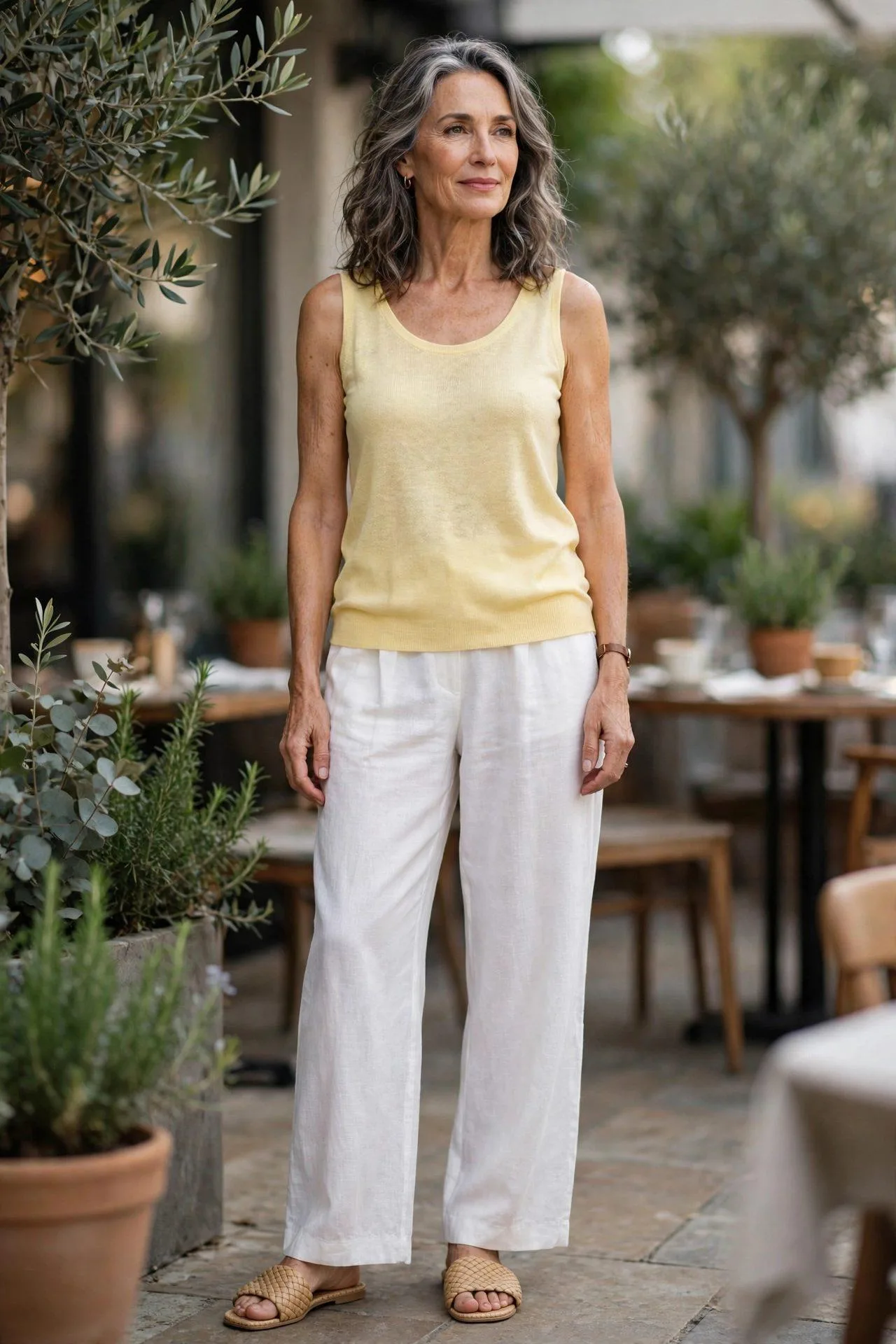 Butter Yellow Tank + White Linen Trousers