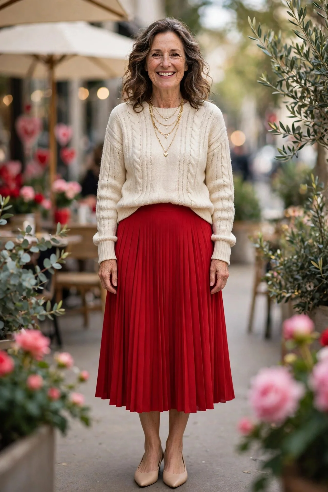 Cheerful woman in cream cable sweater and red pleated skirt