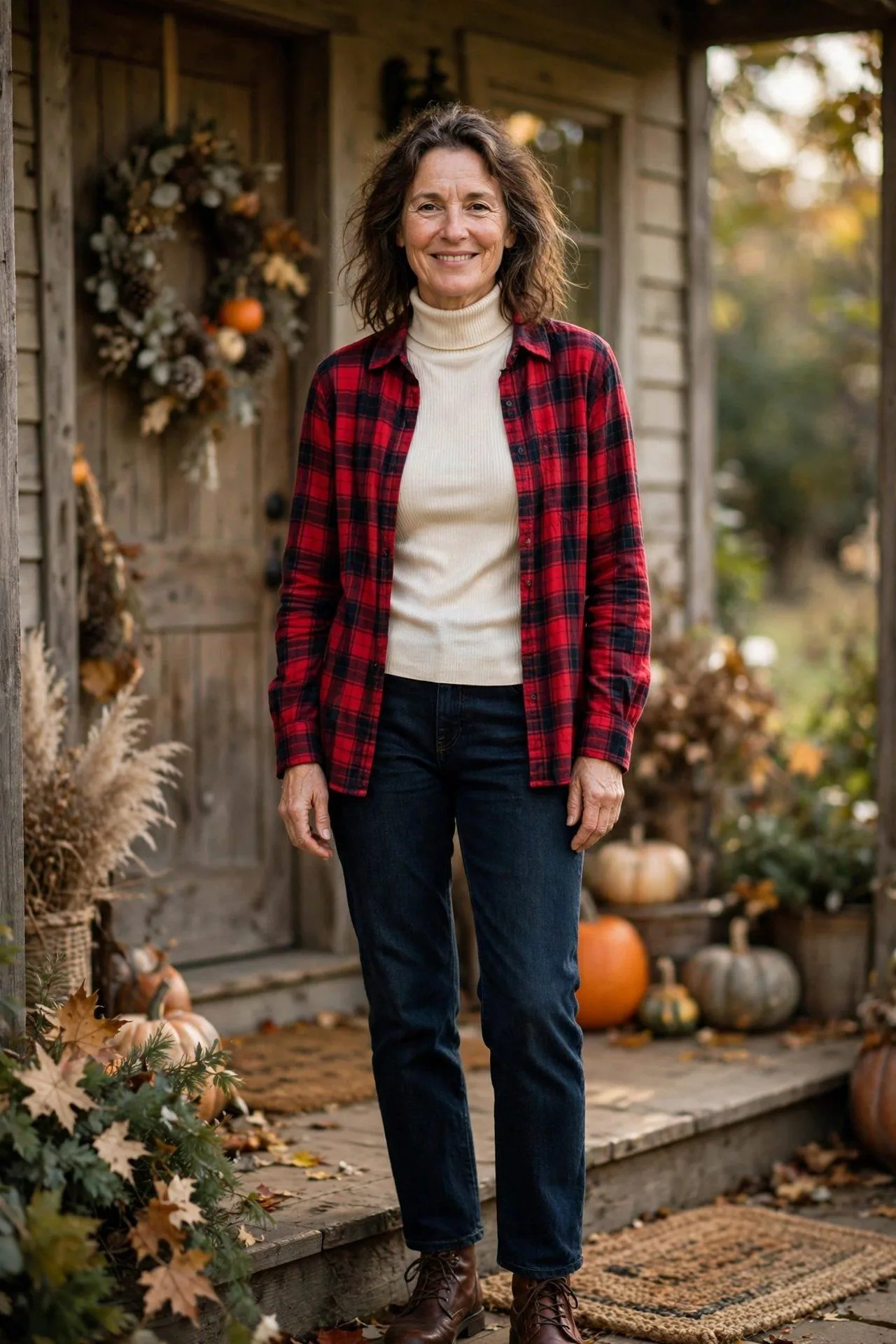 Woman over 50 in plaid flannel shirt and cream turtleneck.