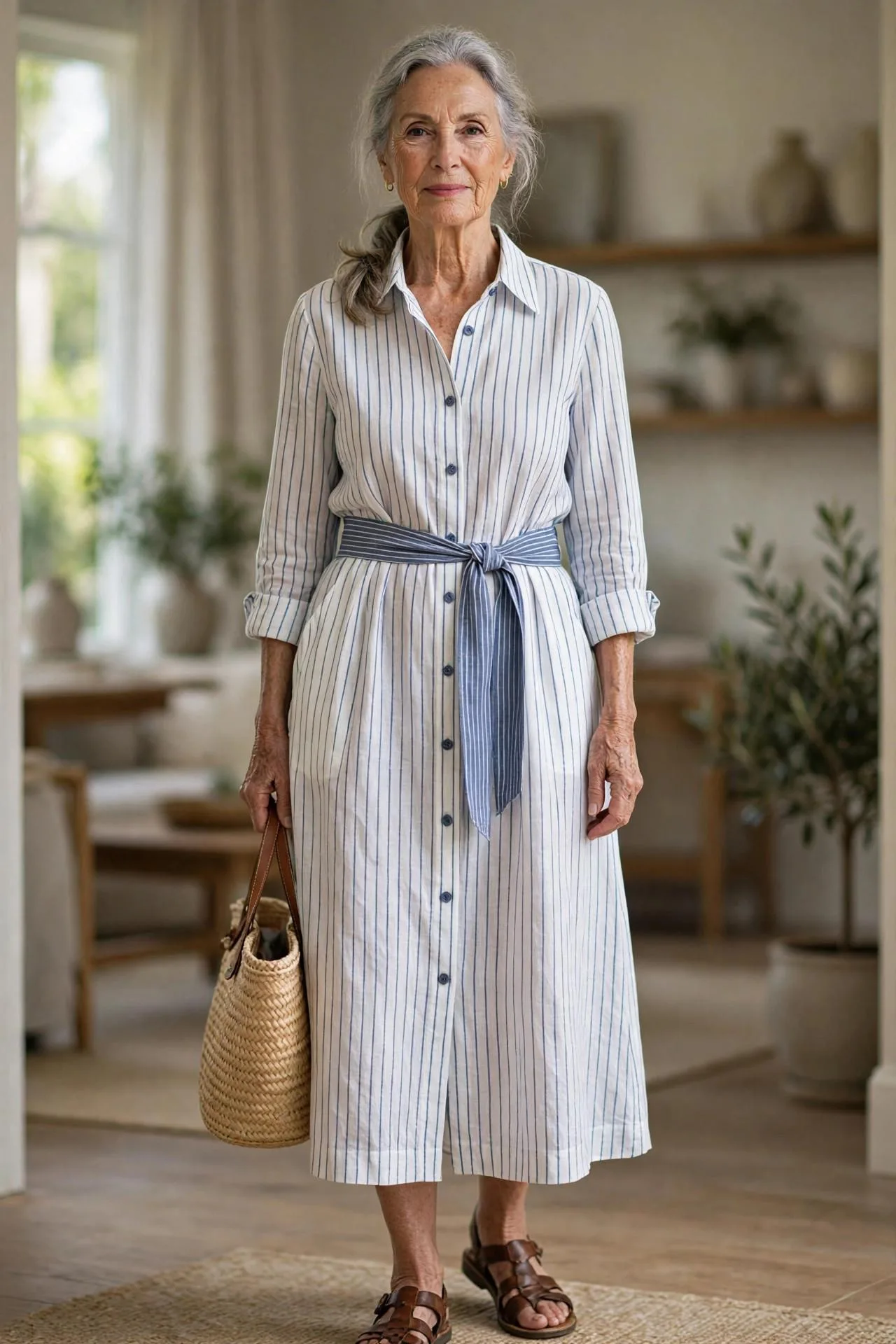 Elegant mature woman in vertical stripe linen dress cinched with fabric belt