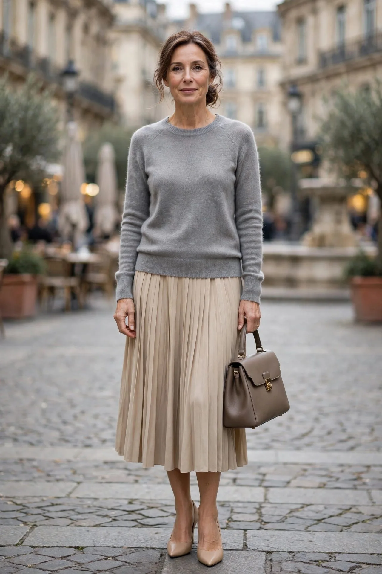 Woman over 50 in navy pleated midi skirt with oatmeal cashmere sweater
