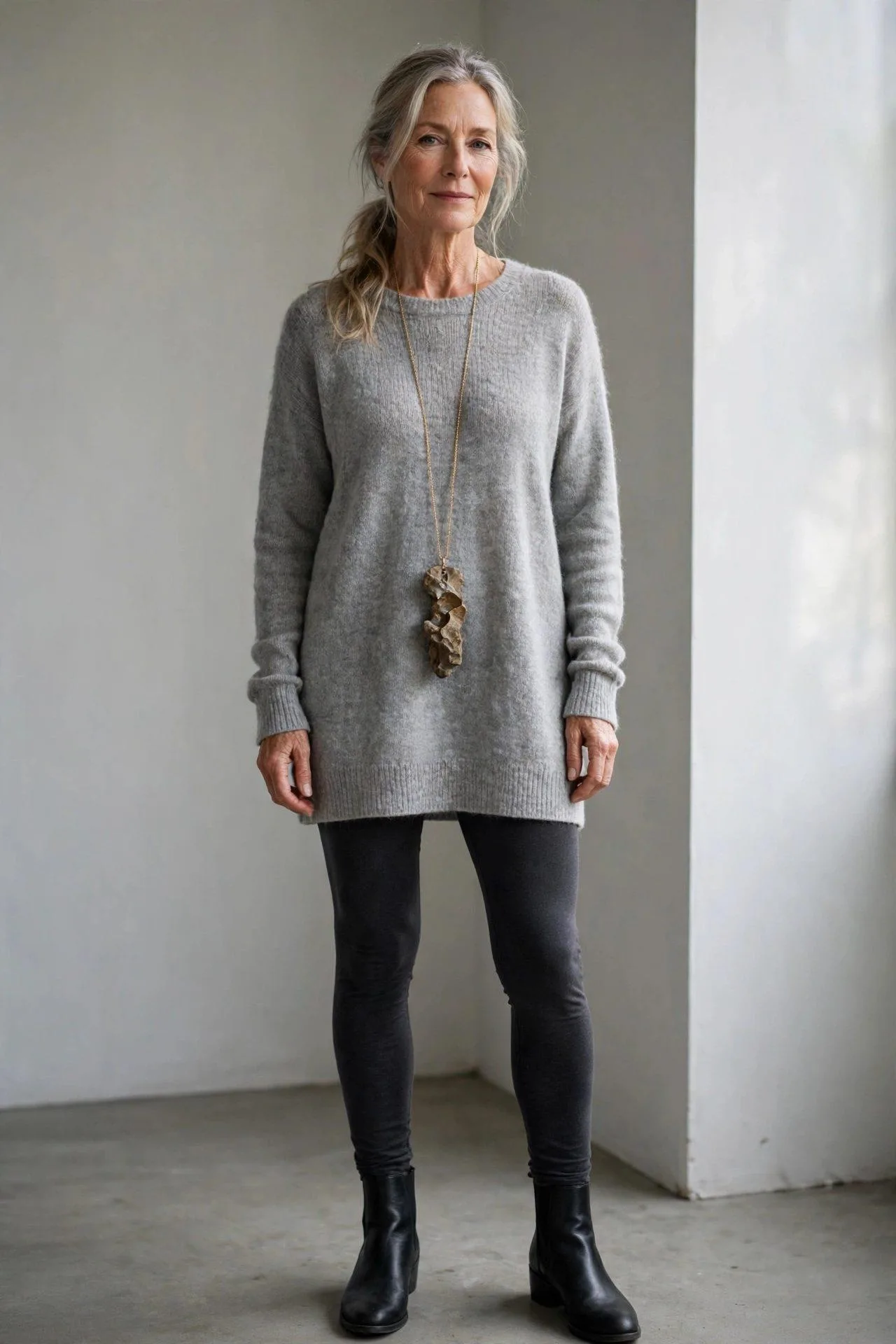 Substantial stone pendant on a 28-inch chain over a soft gray sweater.