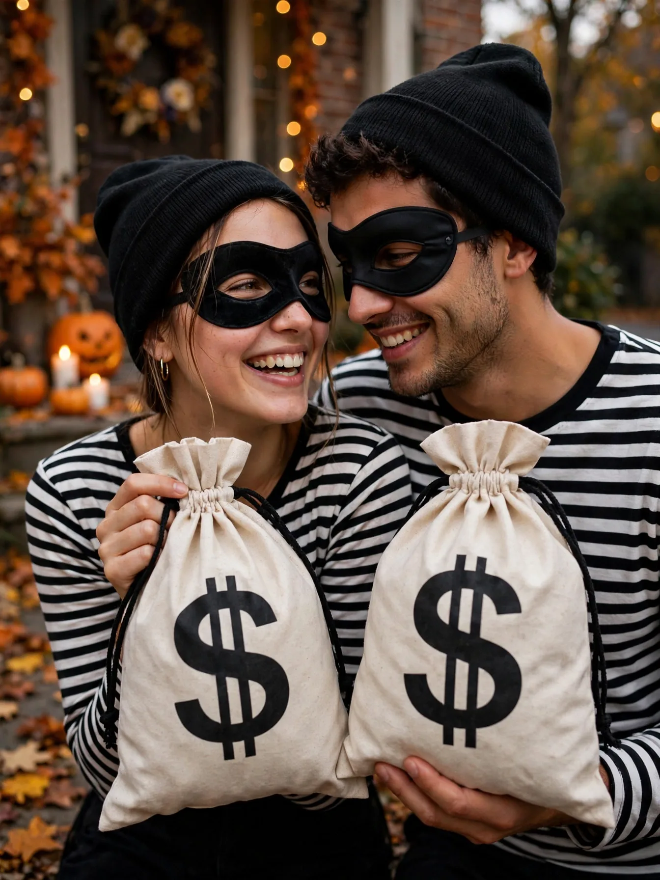 A playful couple as bank robbers in striped tops and money bags.