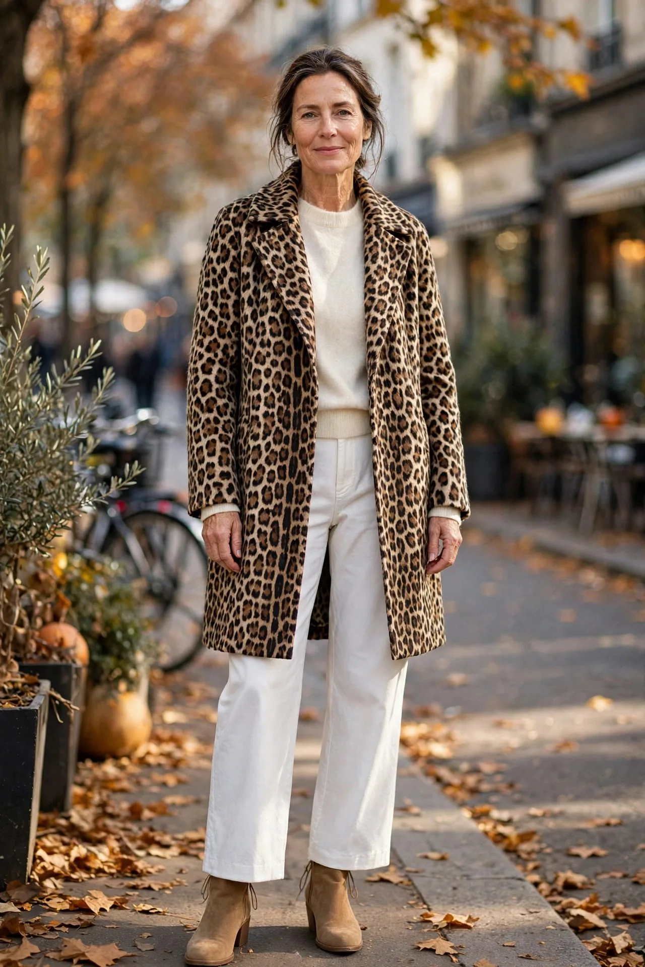 Woman over 50 in leopard coat with cream sweater and white trousers.