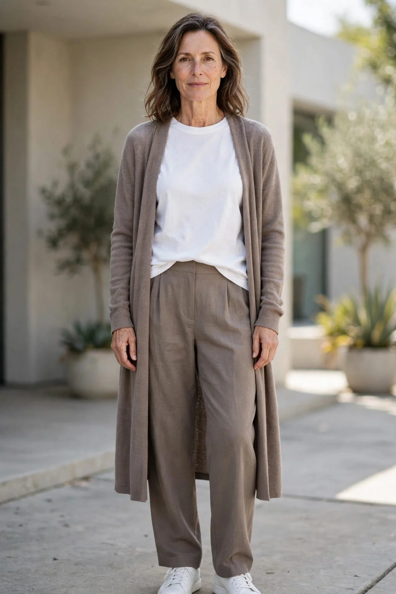 Woman over 50 in heavy tee, taupe trousers, long cardigan