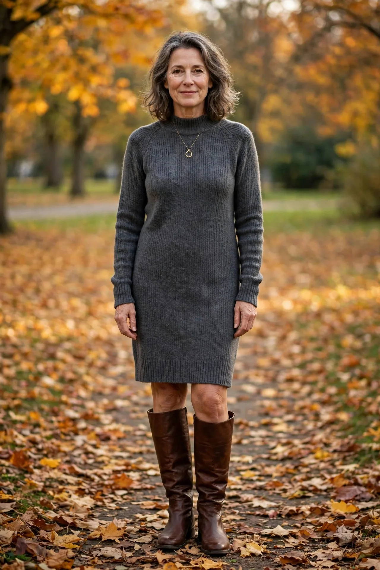 Woman over 50 in charcoal sweater dress with knee-high boots.
