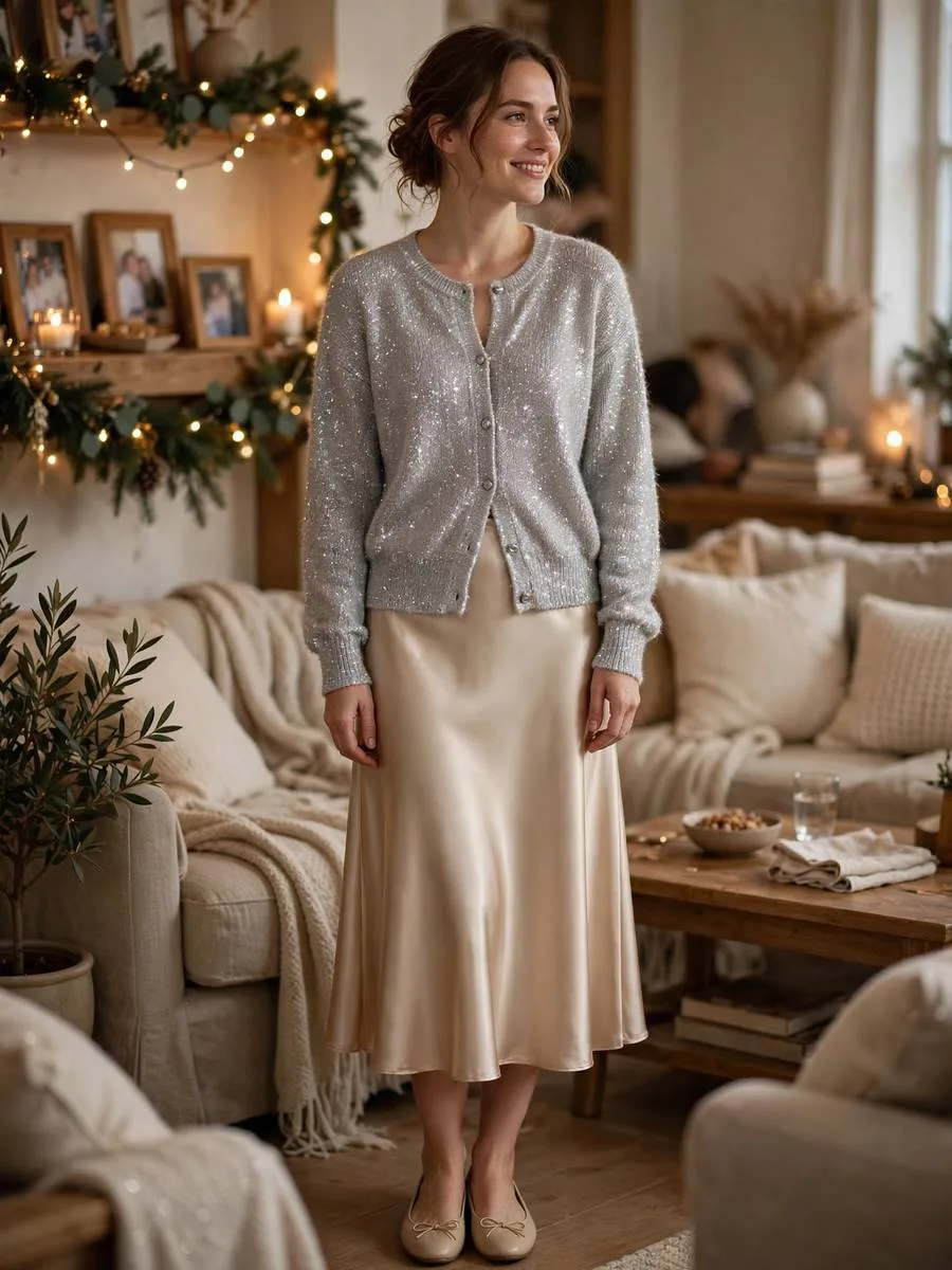 Sparkly Cardigan + Champagne Satin Midi Skirt