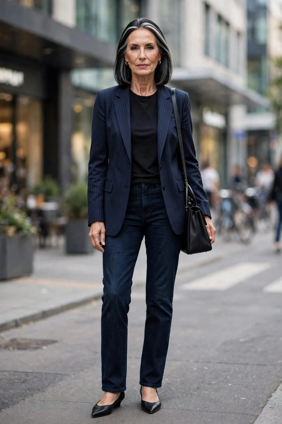 Pinstripe Blazer, Black Tee & Jeans