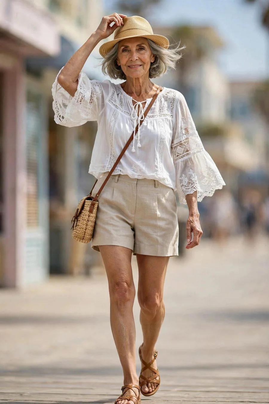 Woman over fifty in linen shorts and white peasant blouse at beach