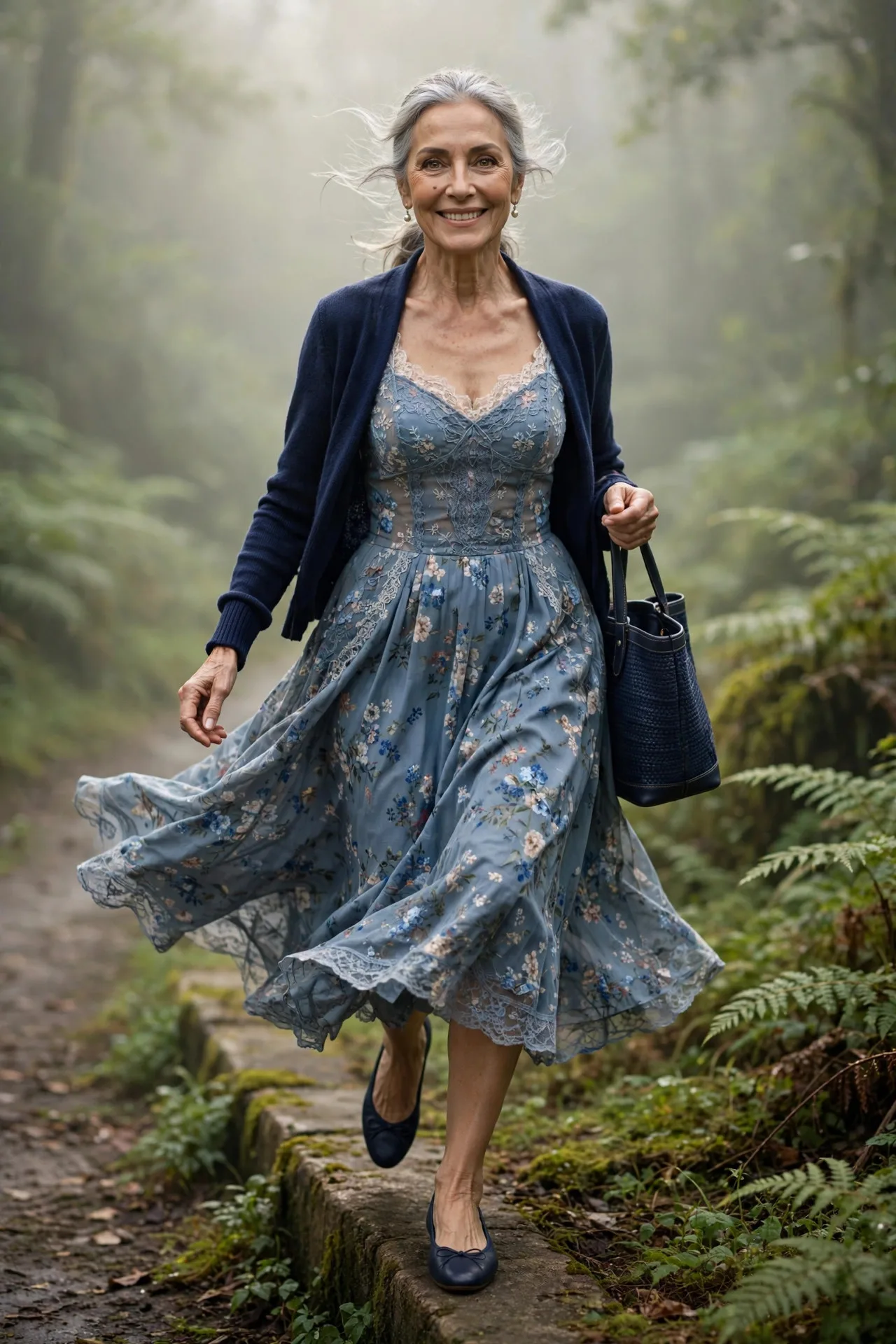 Tea Dress Anchor — A dusty-blue floral midi tea dress with a fitted bodice and full skirt, anchored by a navy fine-knit cardigan, navy ballet flats and pearl earrings.