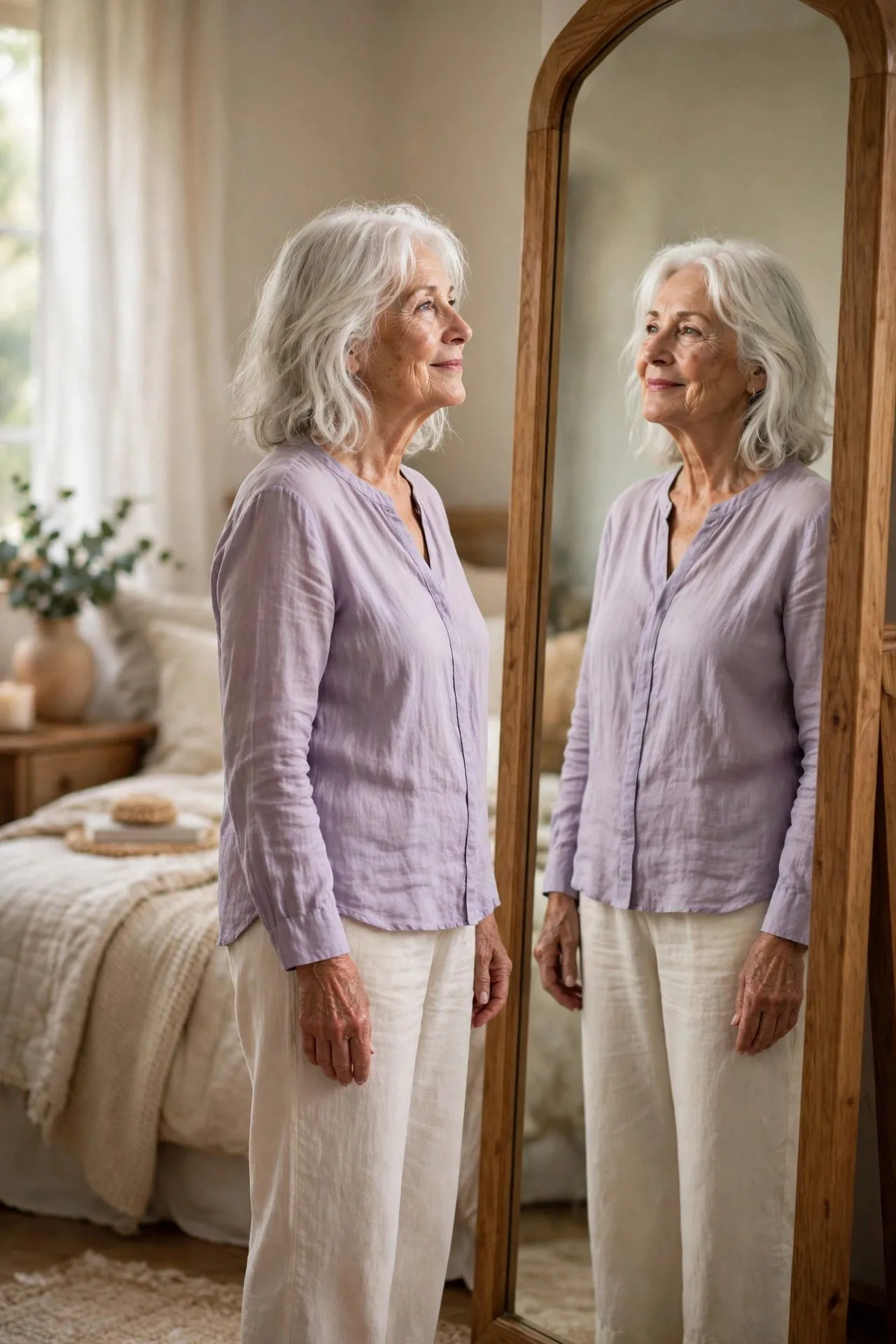 Radiant senior woman admiring herself in bedroom mirror