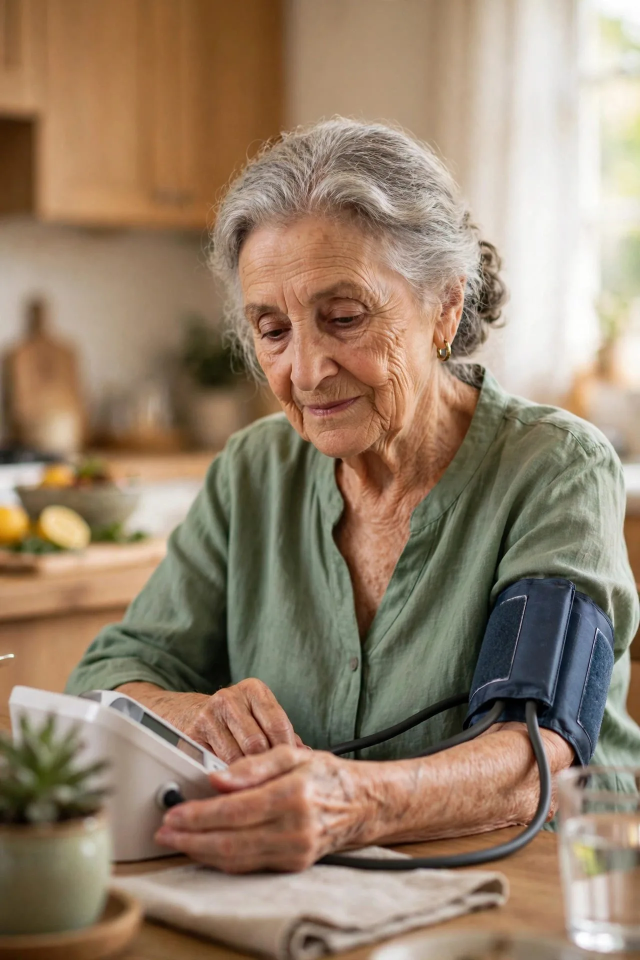 Senior woman having her blood pressure checked at a clinic.