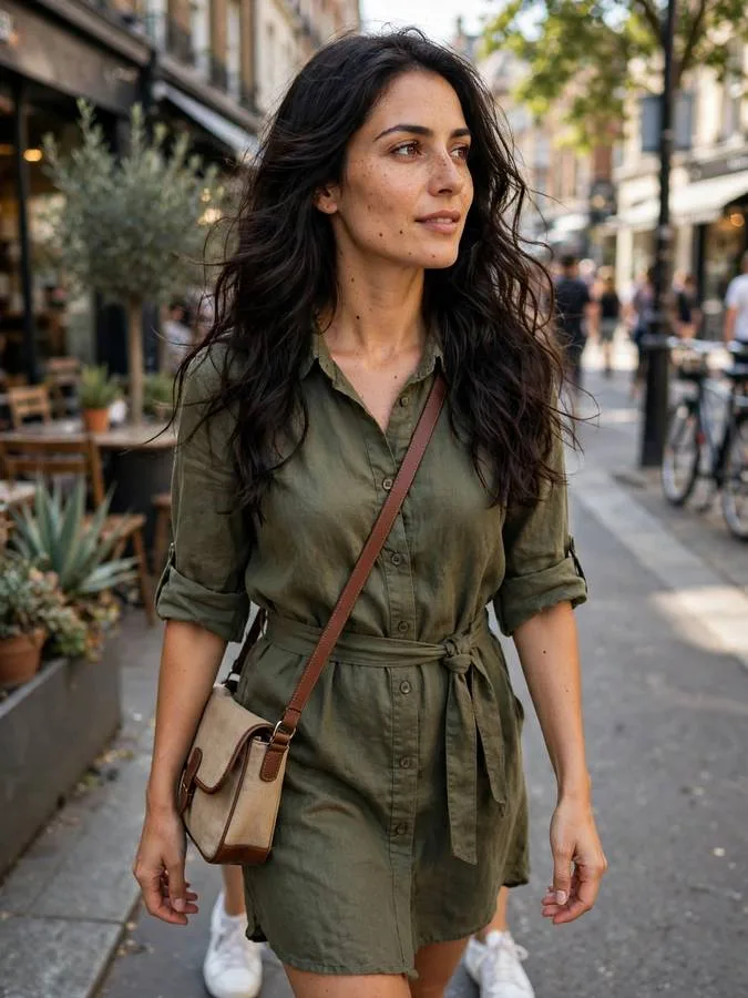 A woman in an olive shirt dress belted with white sneakers.