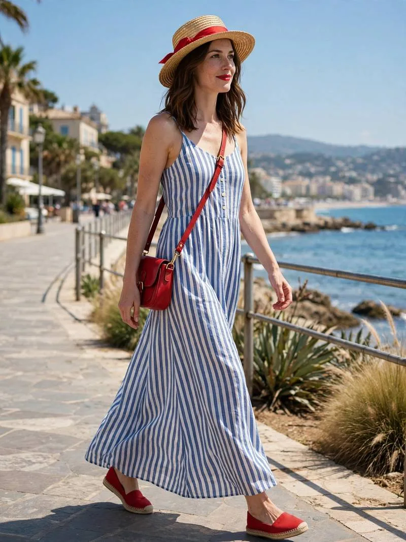 Striped maxi dress with red sandals and straw hat.