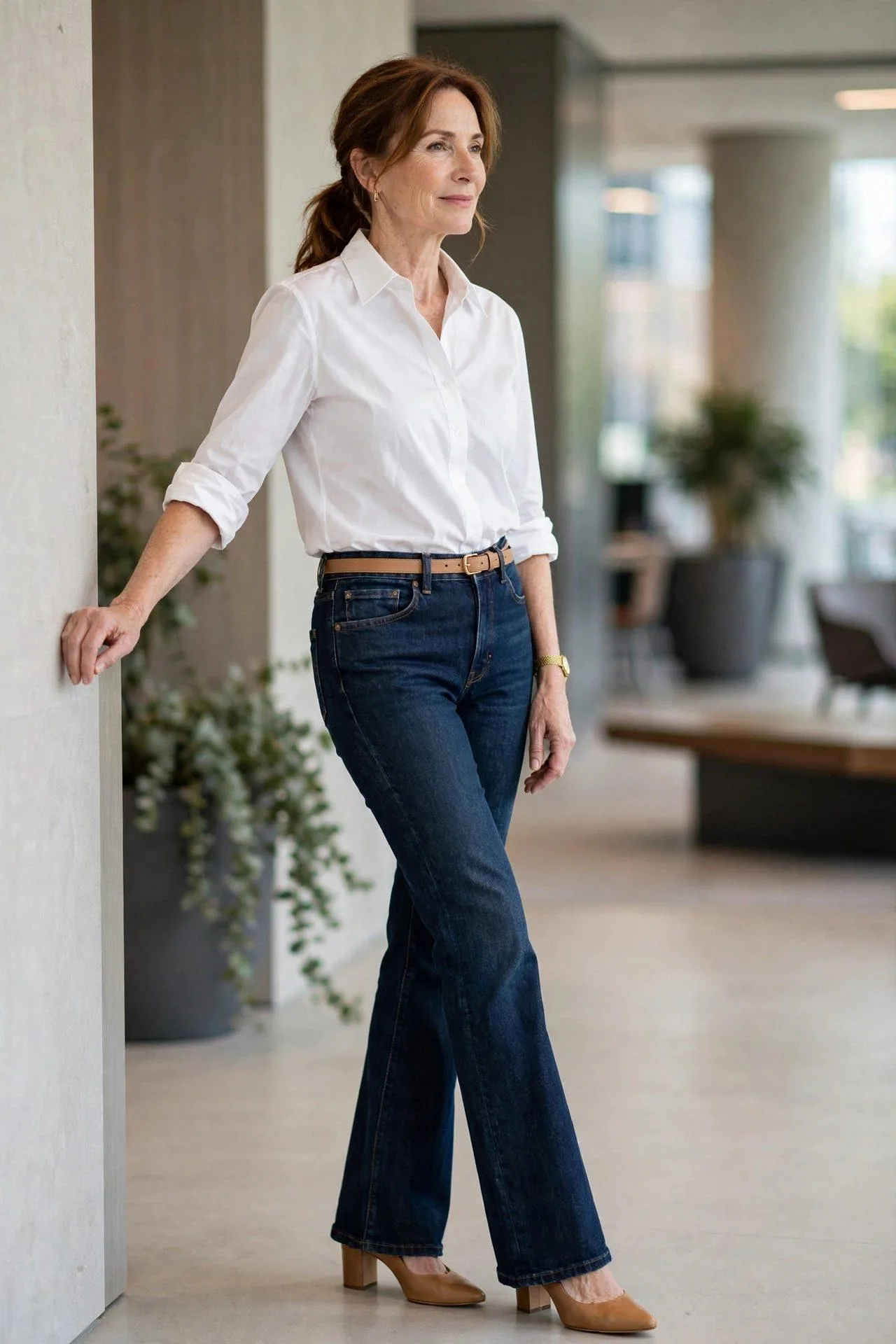 Late-50s woman in dark bootcut denim jeans styled with crisp white shirt and tan heels