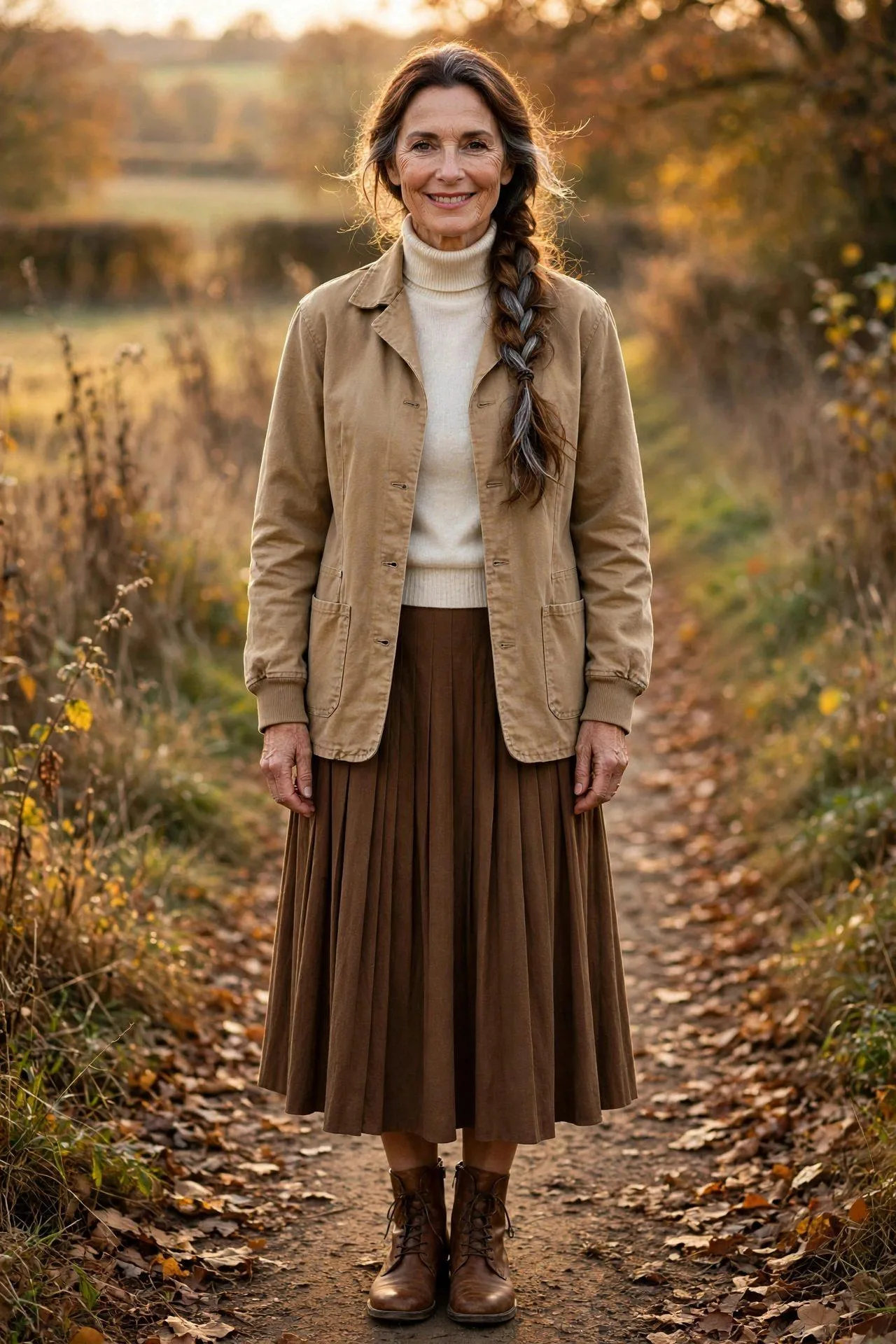 Warm-smiling woman over 50 in a canvas field jacket with a pleated coffee skirt.