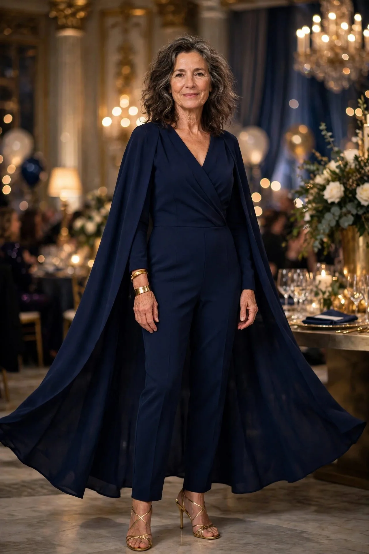 Woman in navy jumpsuit with dramatic cape detail