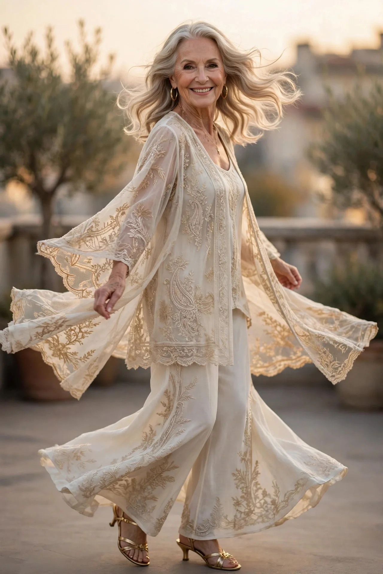 Palazzo Poetry — Flowing ivory palazzo pants with an embroidered champagne tunic that falls past the hip, finished with strappy low sandals and gold hoops.