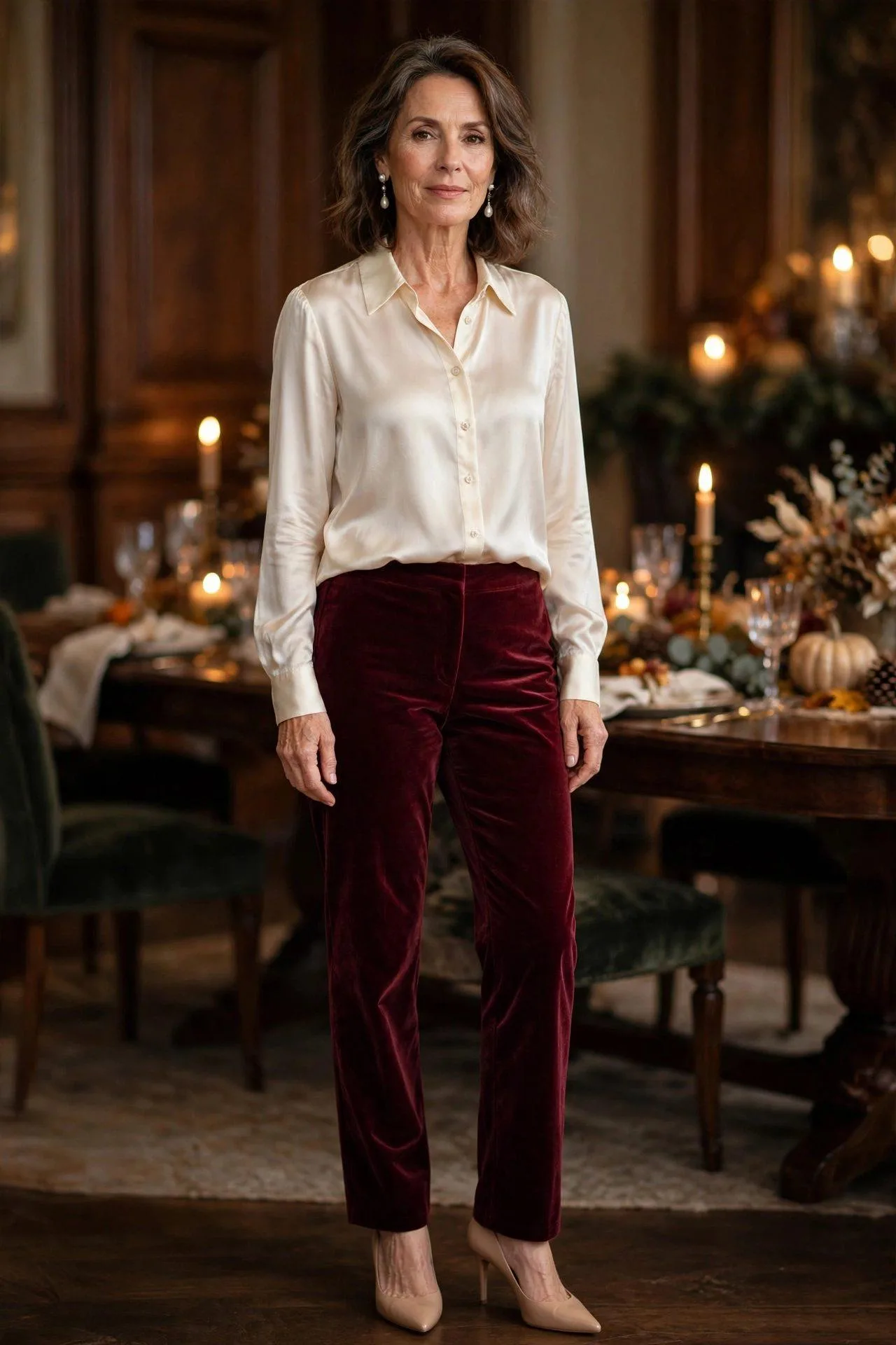 Woman over 50 in burgundy velvet pants and cream silk blouse.