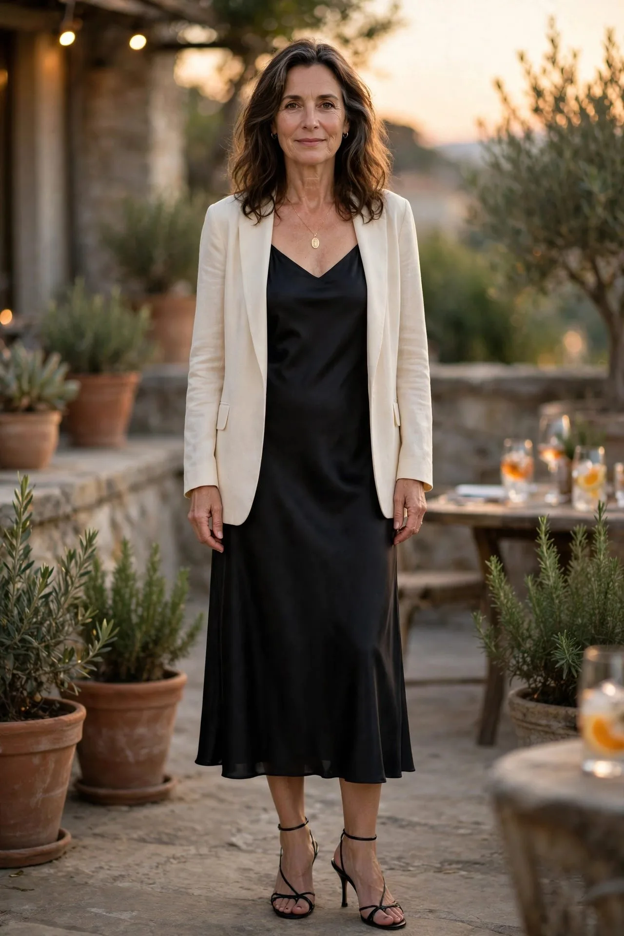 Woman over 50 in black slip dress with blazer at an evening aperitivo