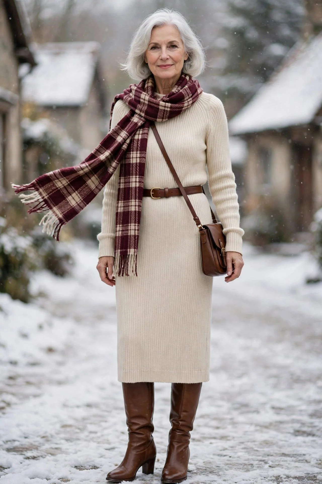 Elegant woman in her early 60s wearing a cream ribbed knit midi dress with a slim brown belt, plaid wool scarf, knee-high brown boots and a crossbody bag.