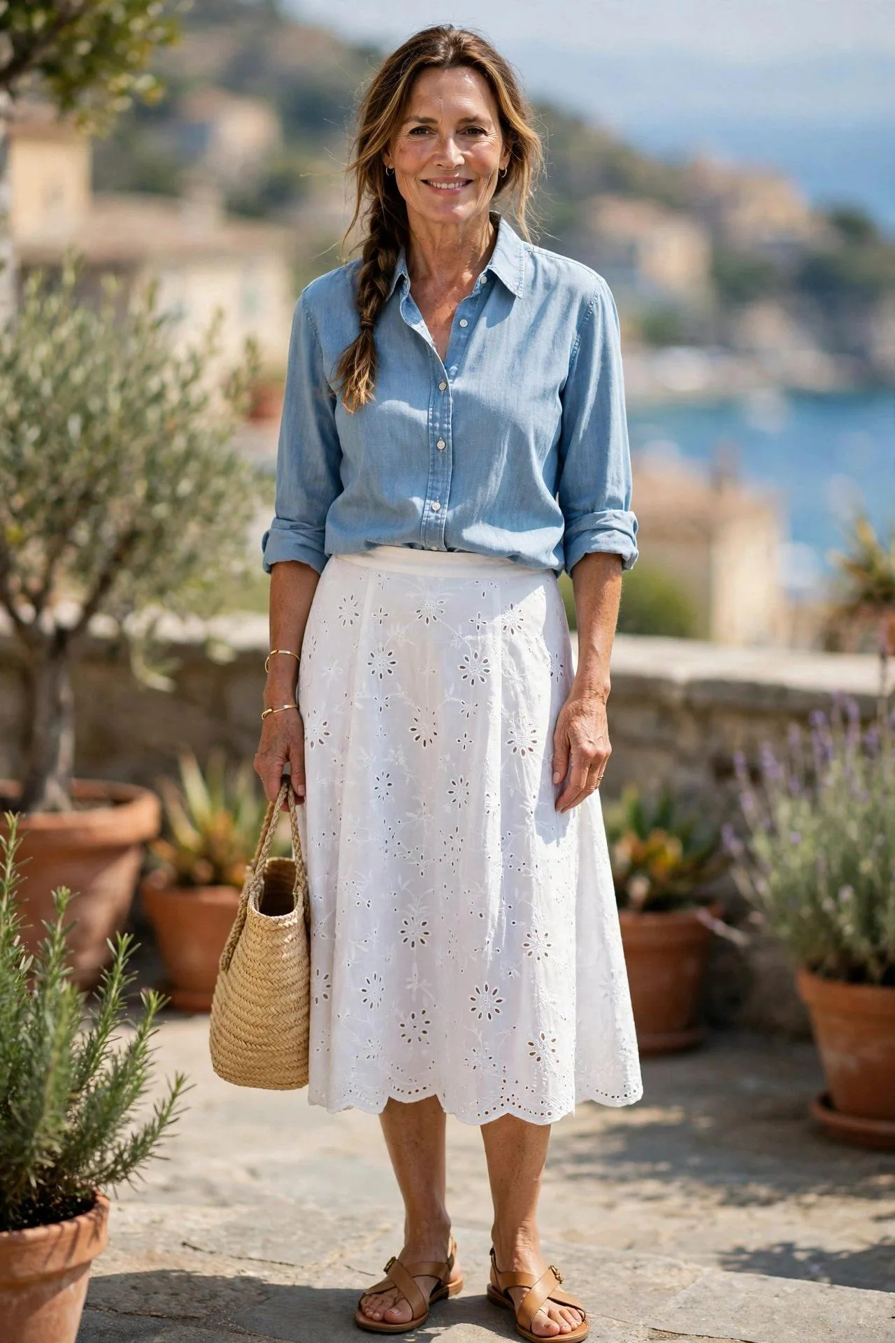 Woman enjoying summer in white eyelet midi and chambray shirt.