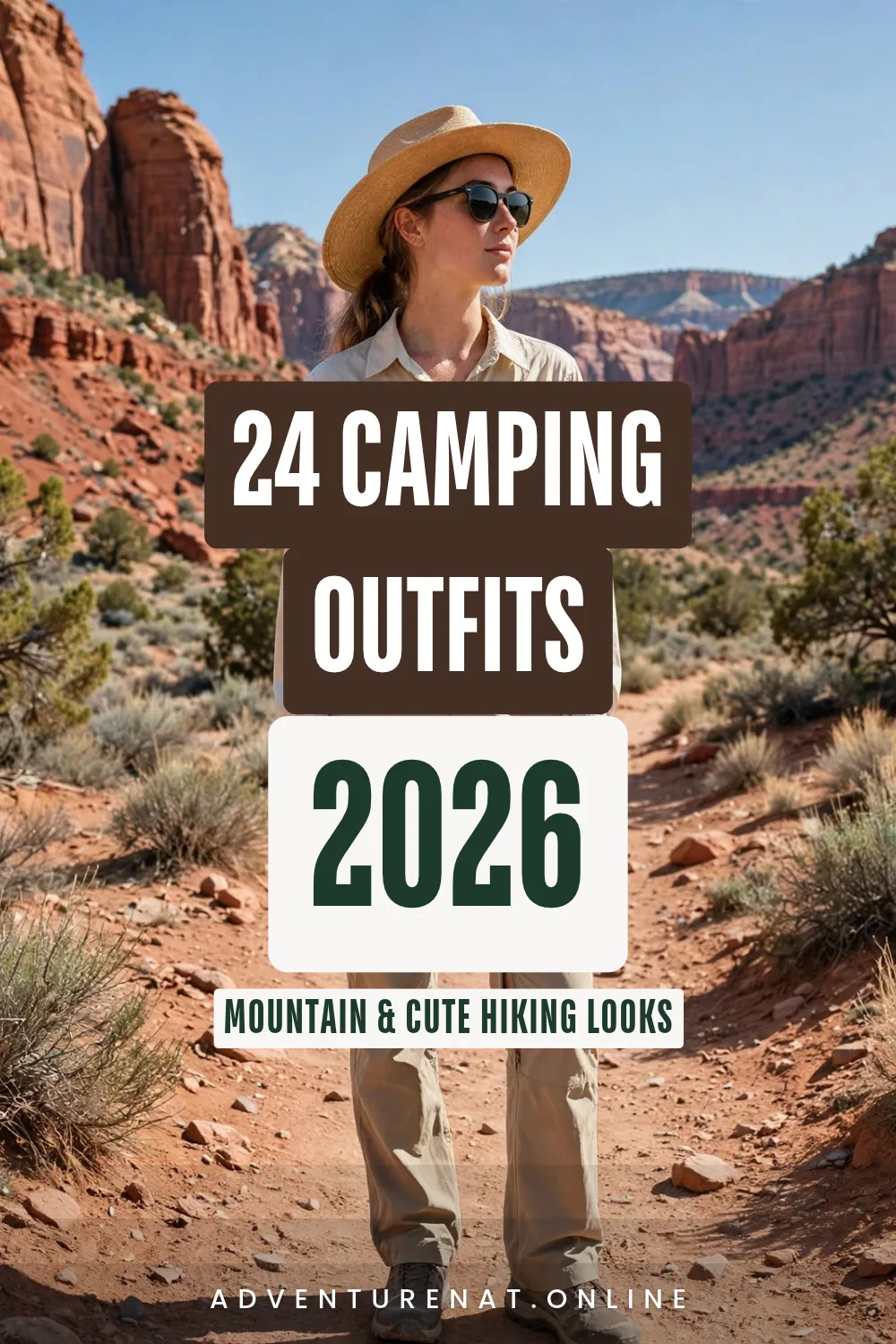 A woman in a cute hiking outfit with mountain outfit layers, a cozy flannel, leggings and boots, a comfy camping look fo