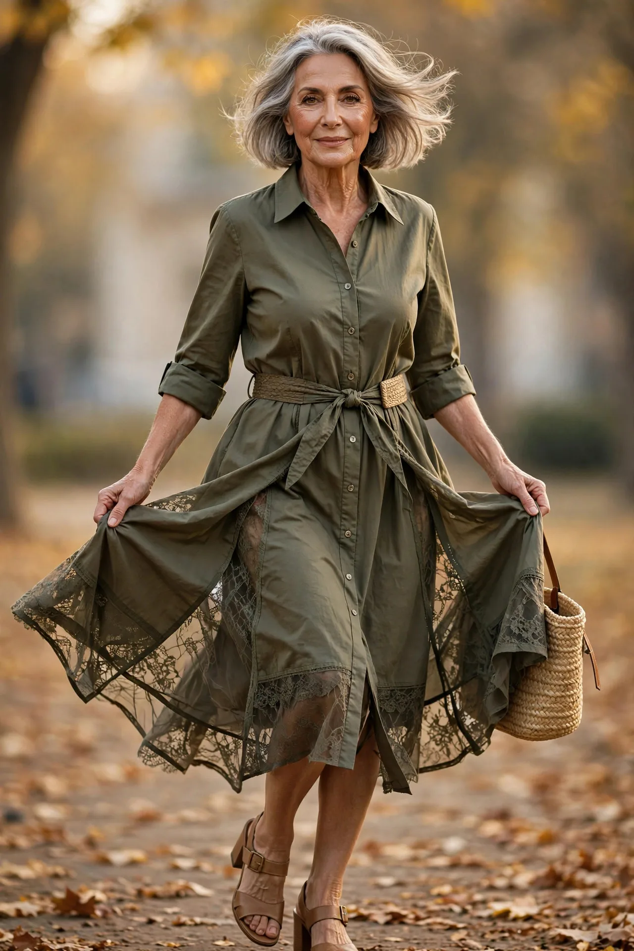 Olive Shirtdress Study — An olive cotton-poplin midi shirtdress with a self-tie belt, rolled sleeves and side slits, paired with tan block-heel sandals.