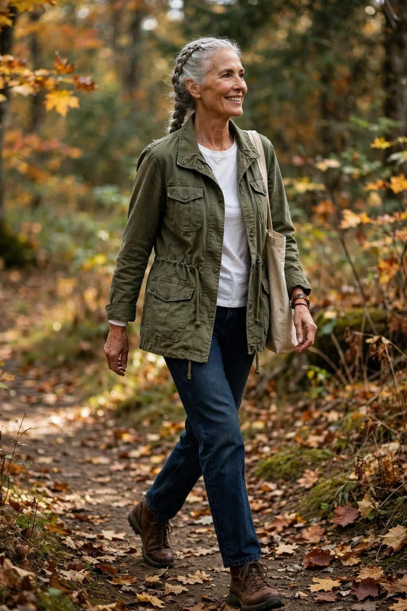 Strong graceful woman in her mid-60s with braided silver hair in an olive canvas field jacket and sturdy brown boots