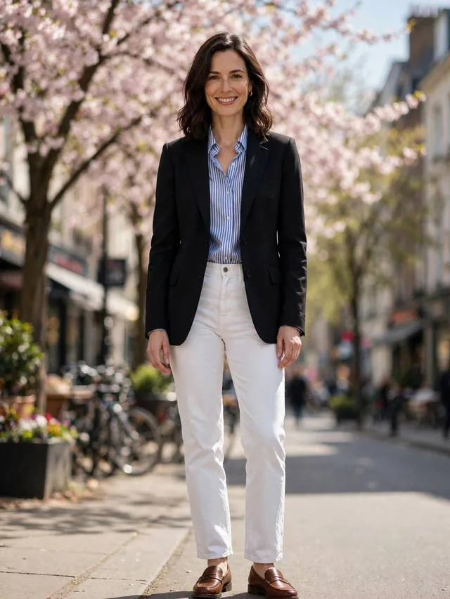 Black blazer over blue striped shirt with white jeans and brown loafers.