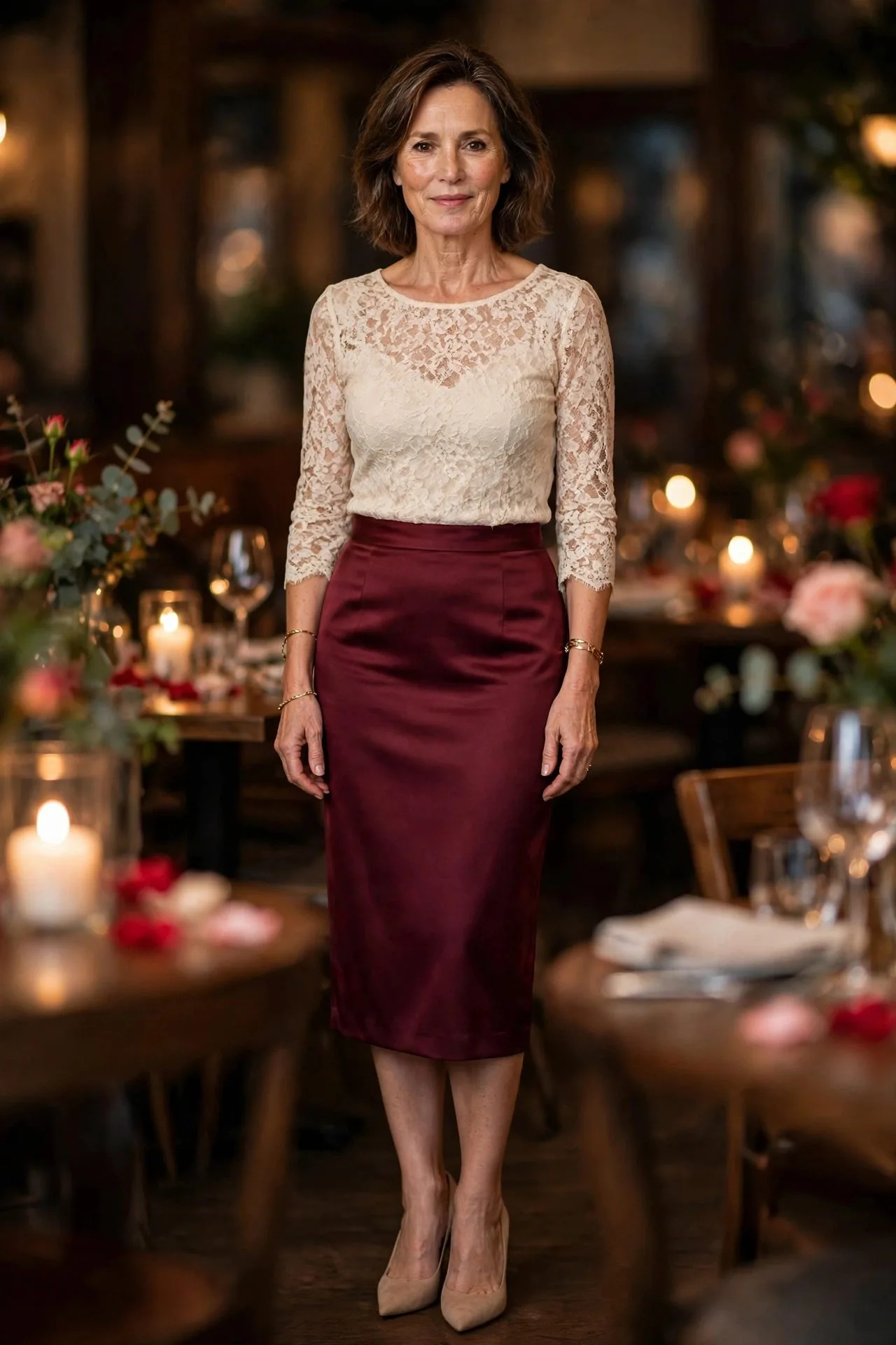Woman in cream lace top with burgundy satin pencil skirt