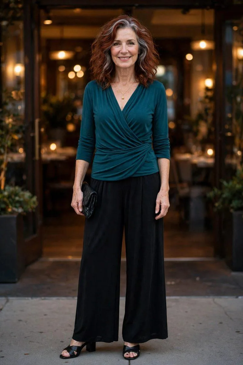 Alluring mature woman with auburn-silver waves in a deep teal wrap-front top and fluid black wide-leg trousers