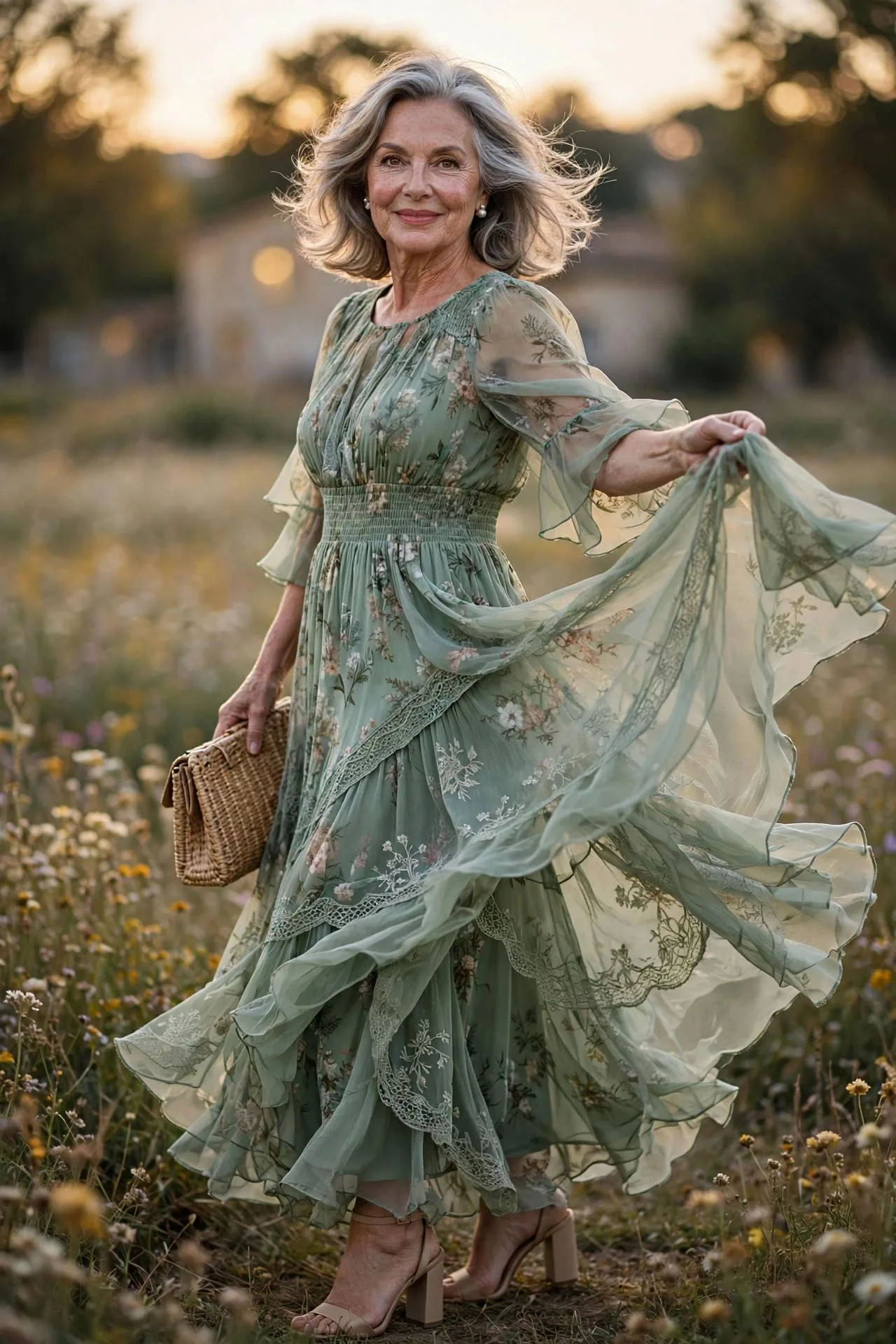 Mature woman in sage green floral chiffon maxi dress outdoors