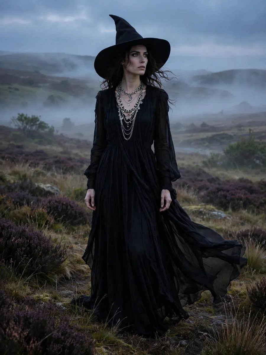 Flowing all-black maxi dress with a wide-brim witch hat and silver necklaces.