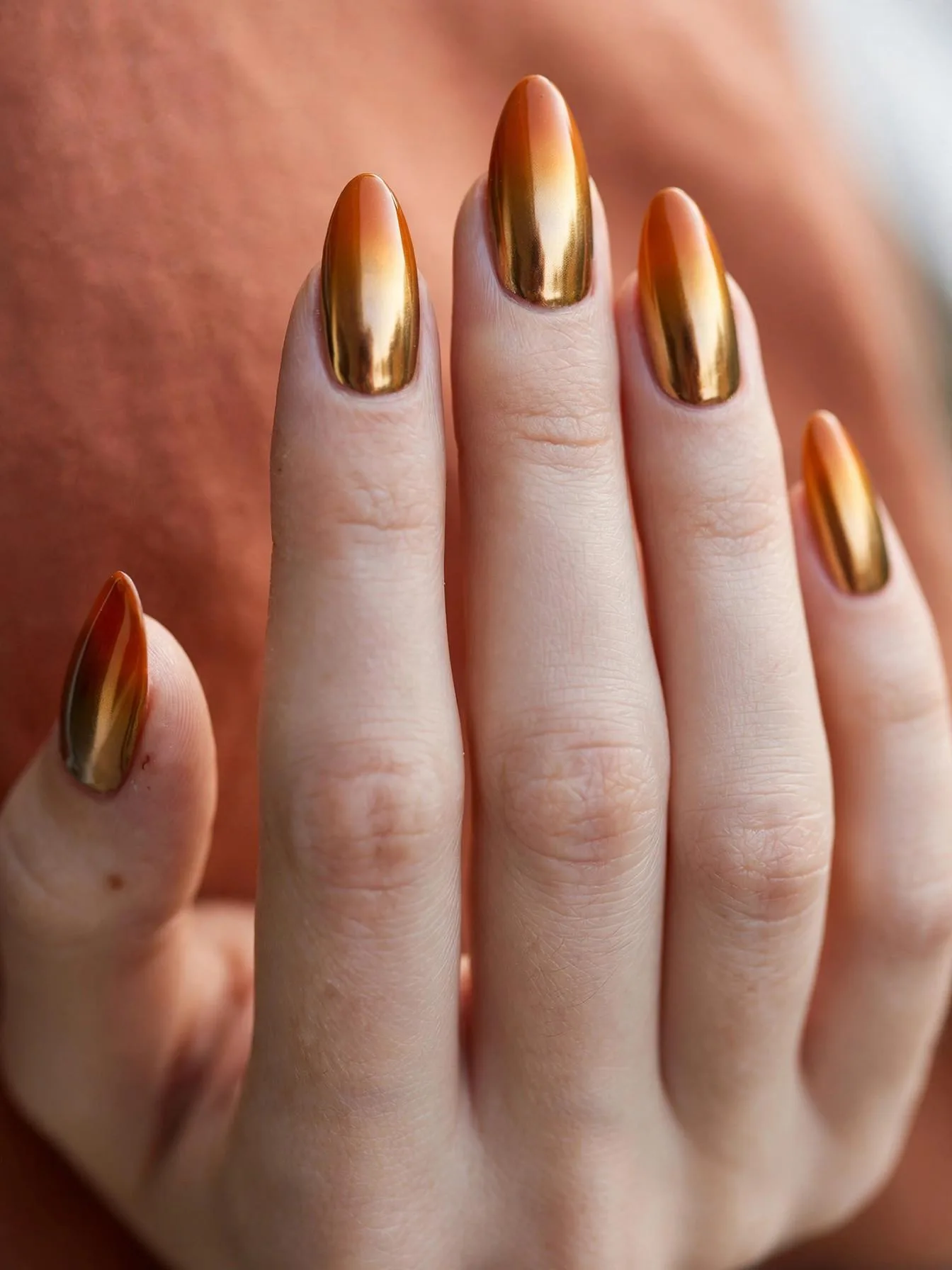 Long almond nails with burnt orange to gold chrome ombré.
