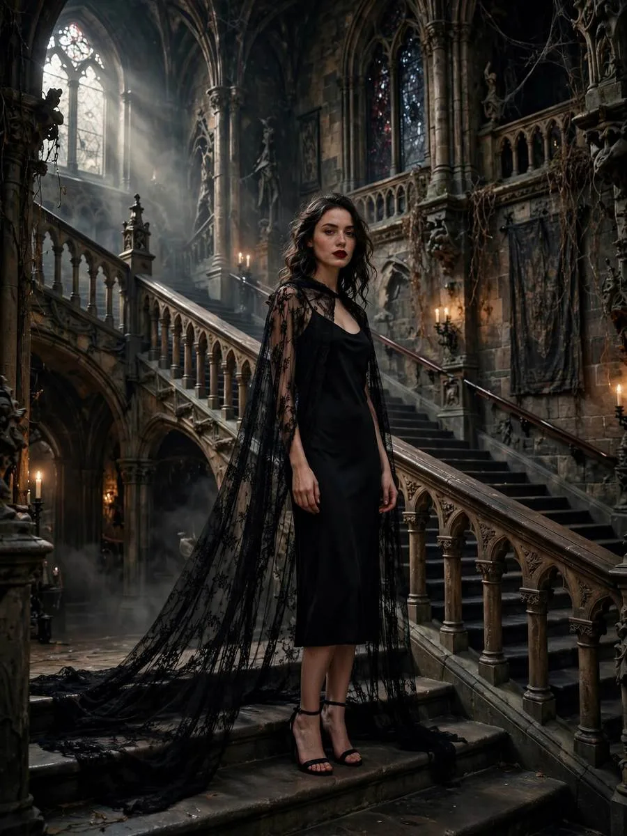 Sheer black lace cape draped over a simple black slip dress.