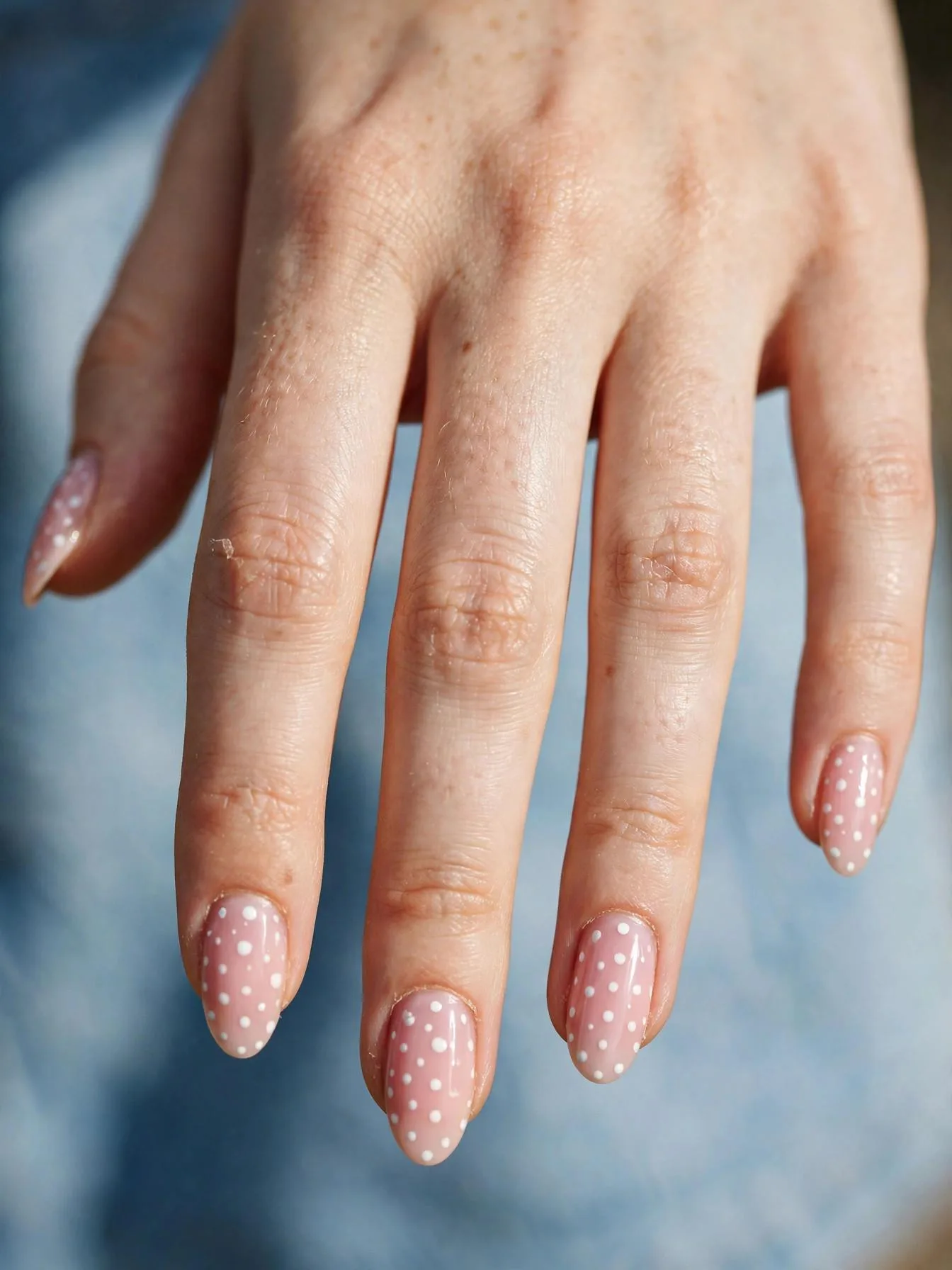 Light pink almond nails with a playful white polka dot design.