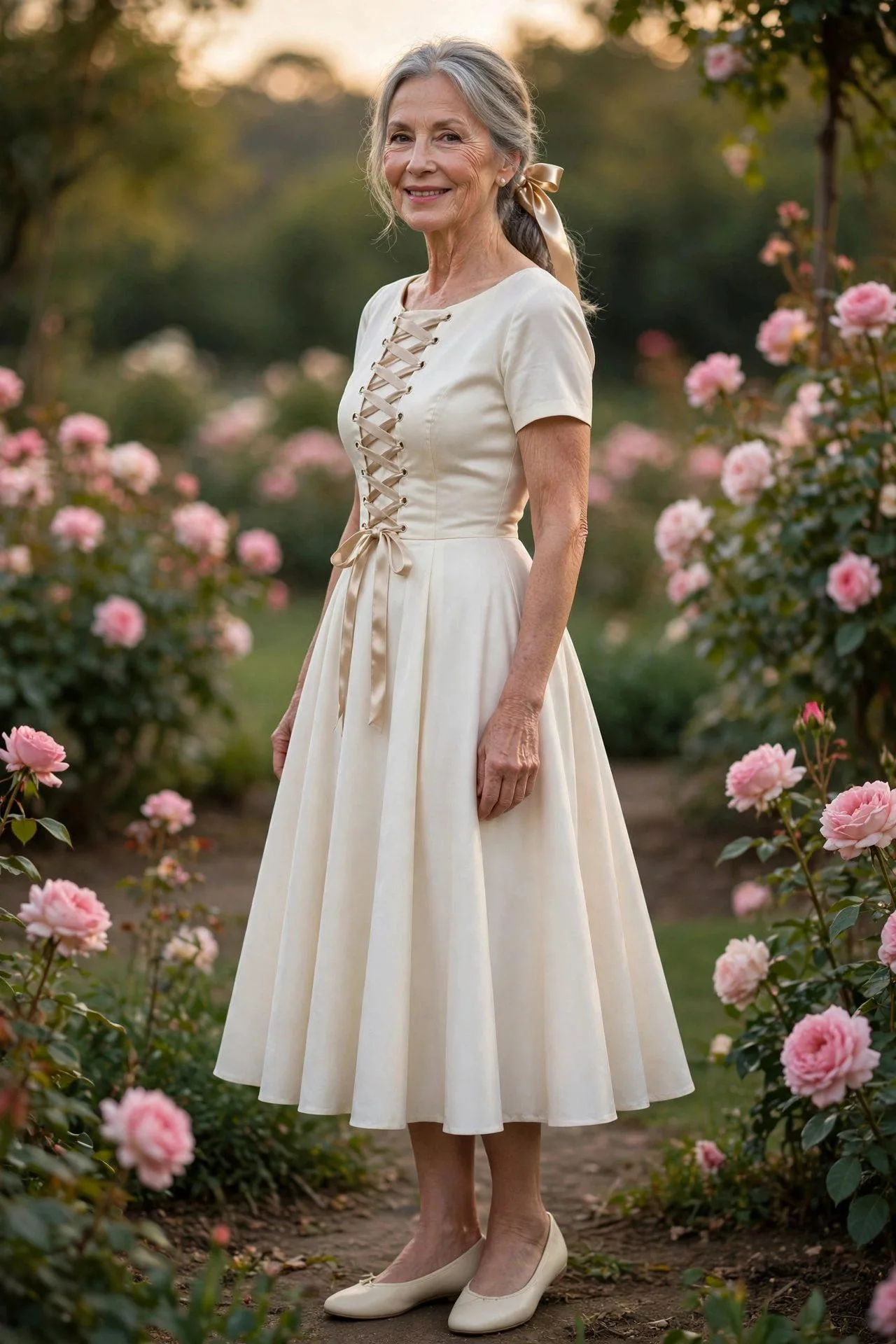 Dreamy mature woman in a champagne-ribboned ivory dress and delicate ballet flats surrounded by flowers.