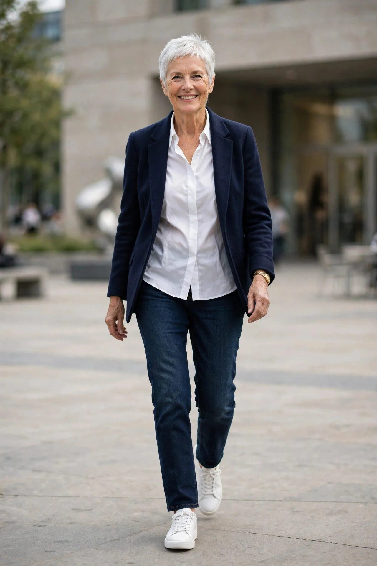 Energetic senior woman on the move in plain white leather athletic-inspired shoes with indigo denim, white shirt and navy jacket, contemporary refined casual.