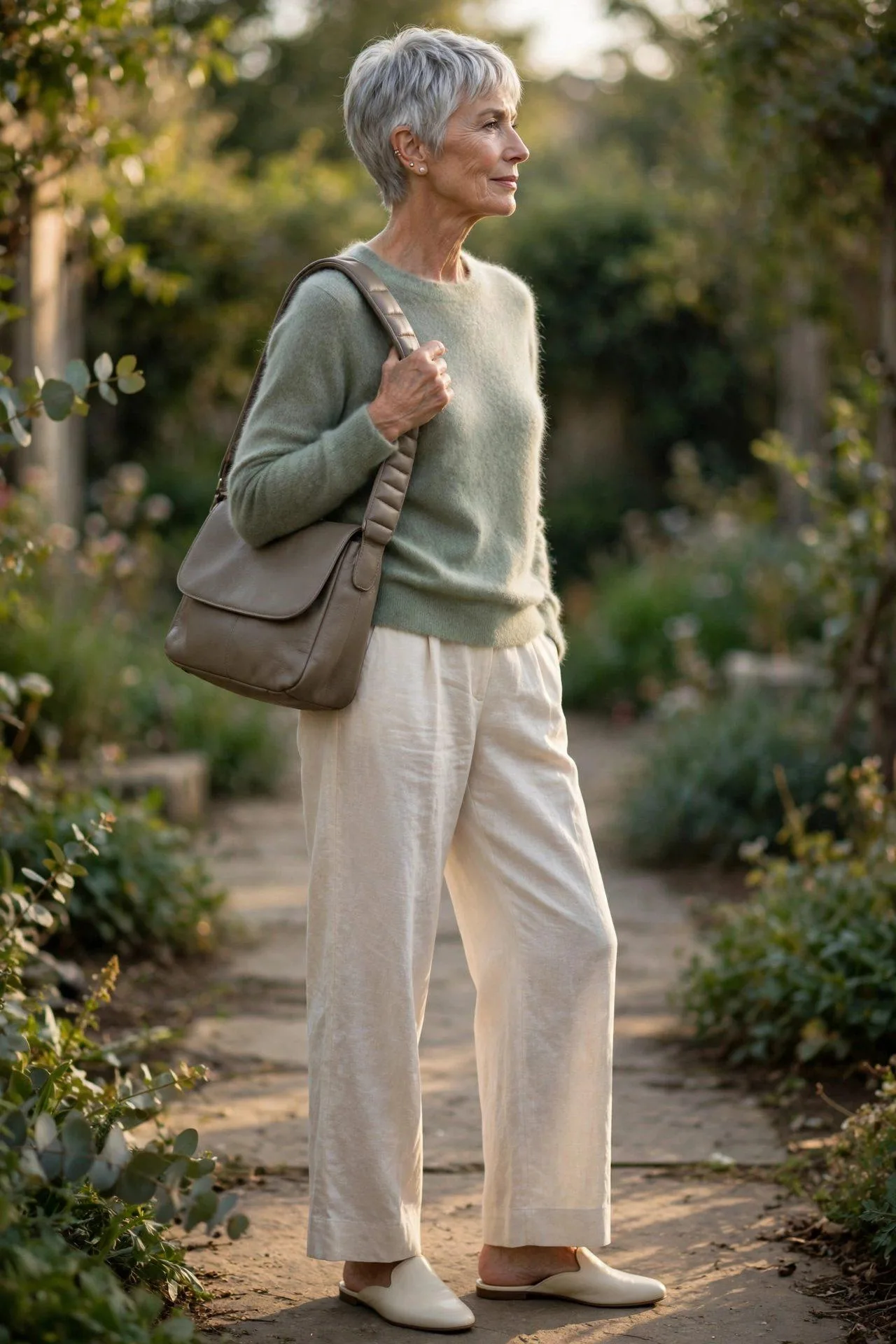 Lady in her early sixties with a comfortable wide-strap taupe handbag resting gently on her shoulder outdoors.