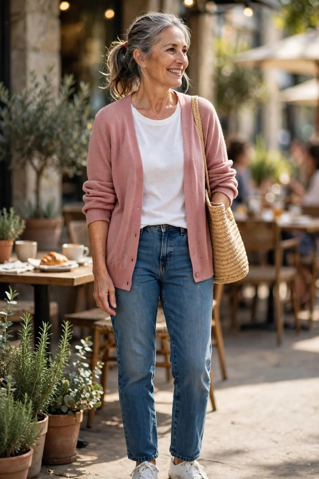 Sunny woman in a dusty-rose cardigan, white t-shirt and jeans with a woven bag — easy casual outfits perfect for spring trends.