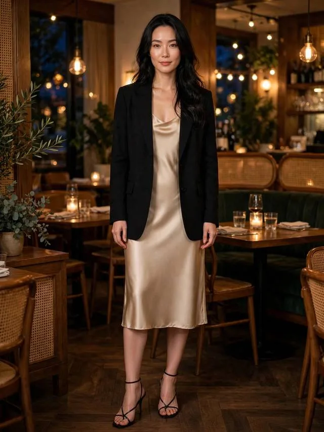 Black blazer layered over champagne satin slip dress with strappy heels for date night.