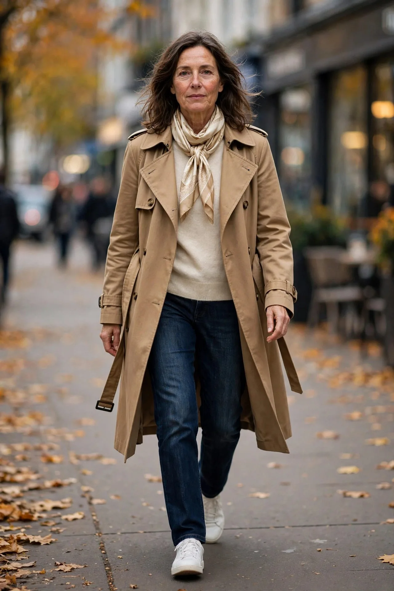 Woman over 50 in camel trench over striped tee and jeans walking downtown