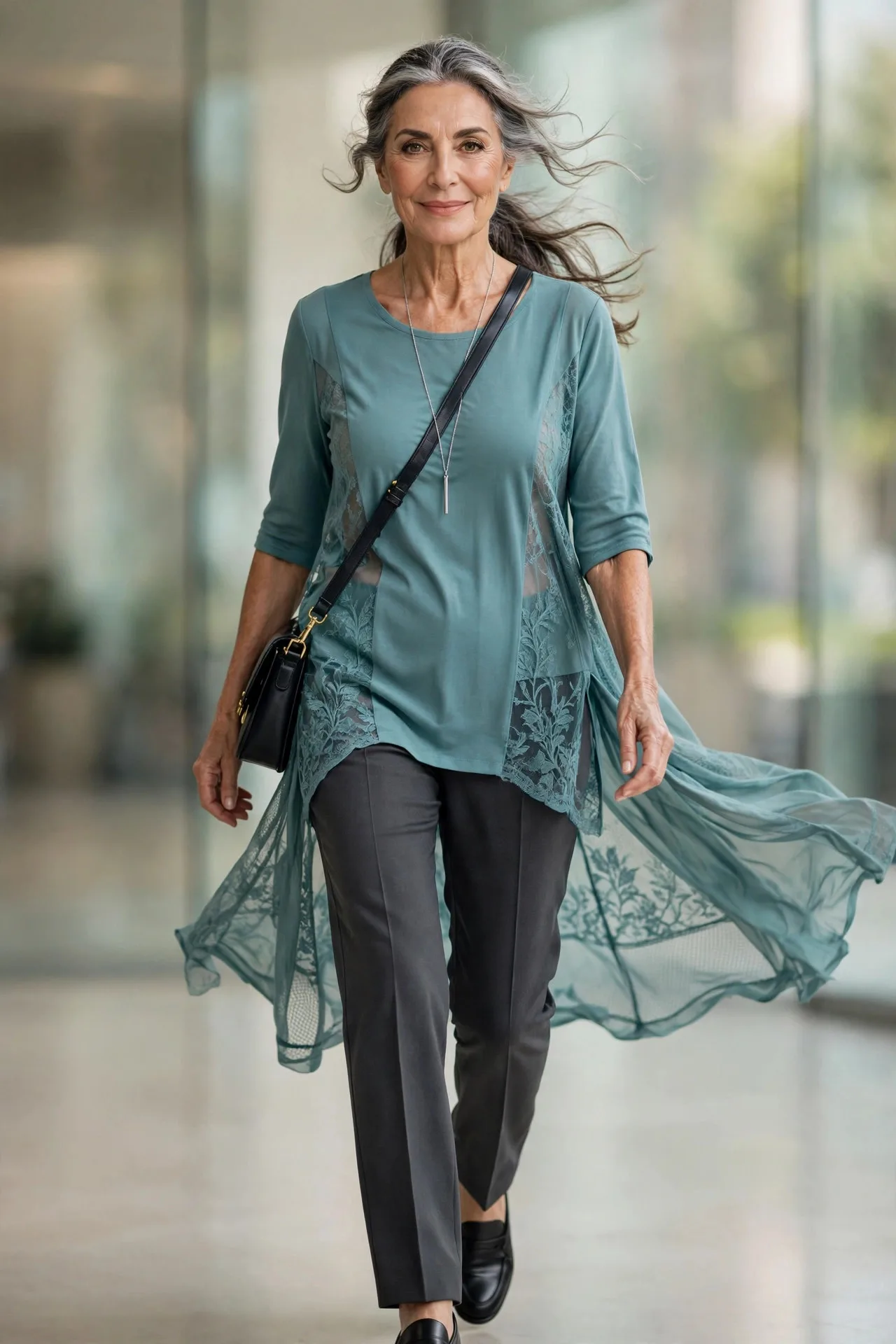 Ponte Pants Ease — Charcoal ponte straight trousers with a smooth waistband, paired with a soft-teal jersey tunic with side slits.
