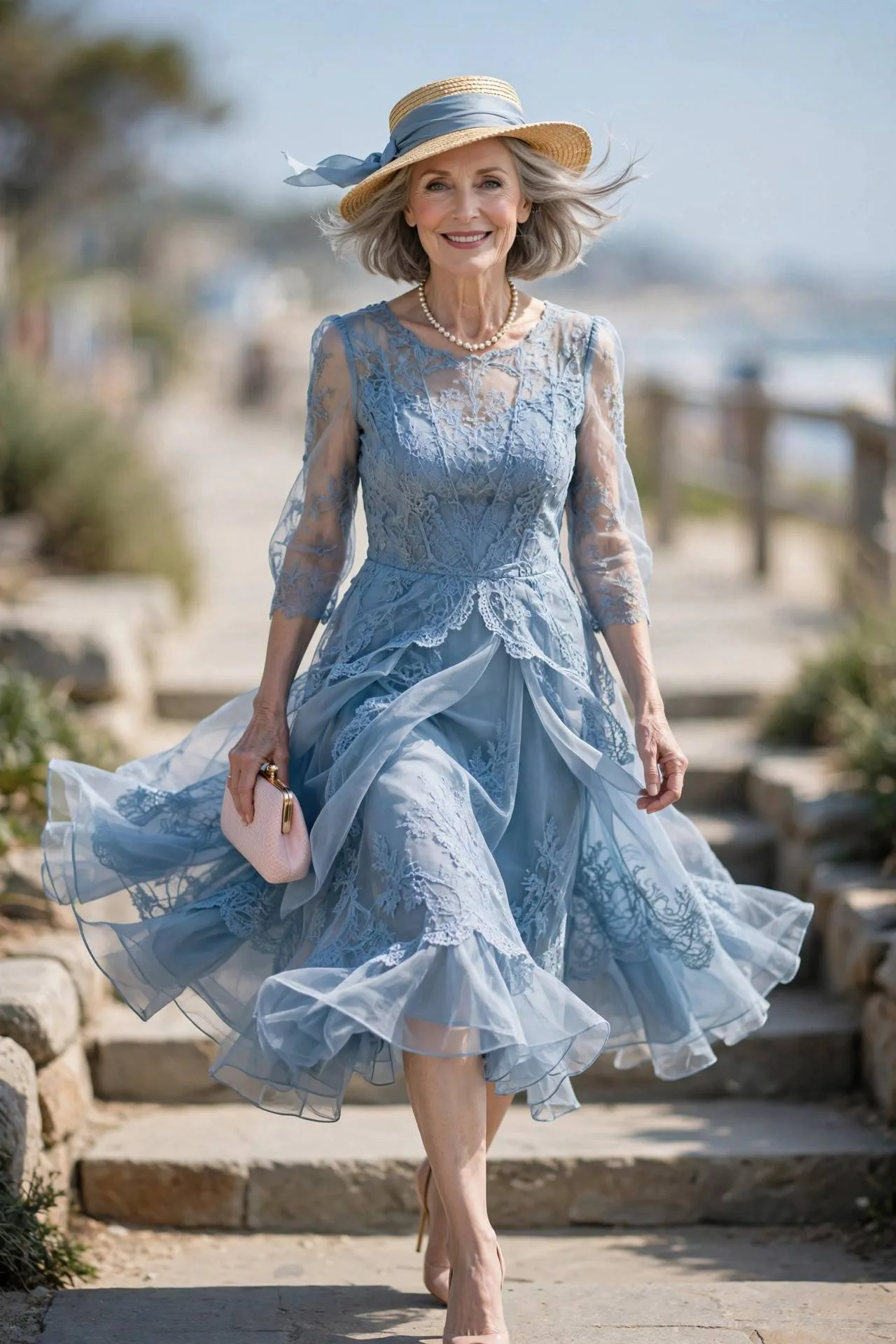 Graceful woman wearing powder blue organza tea-length dress outdoors